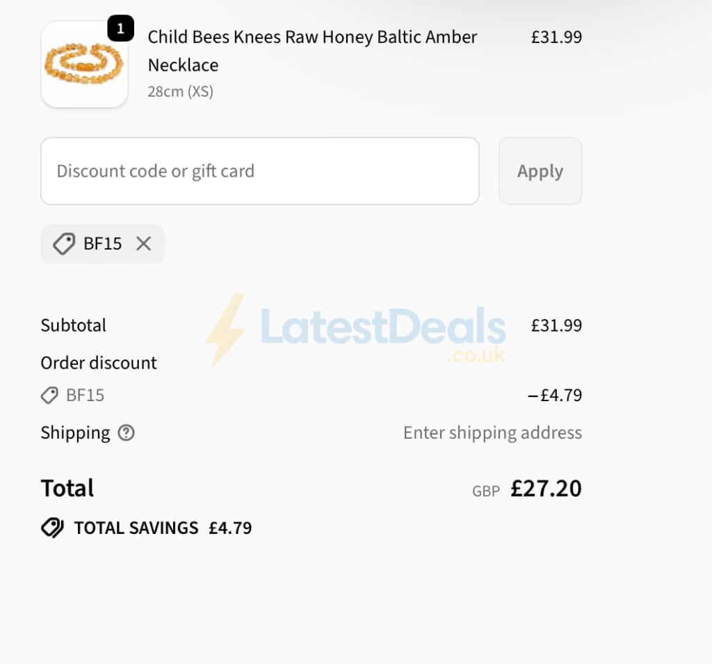 Screenshot of the Love Amber X discount code working