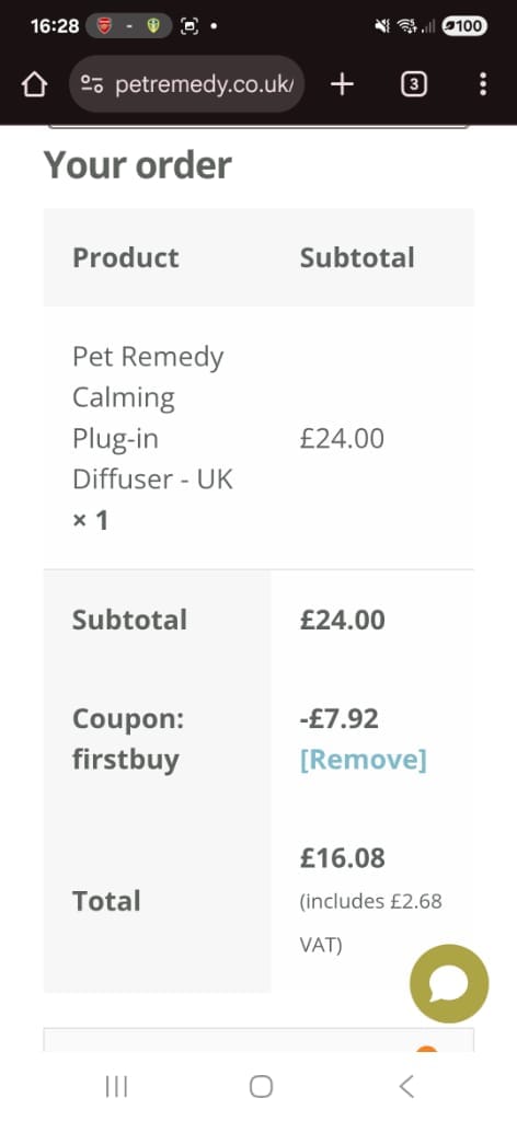Screenshot of the Pet Remedy discount code working