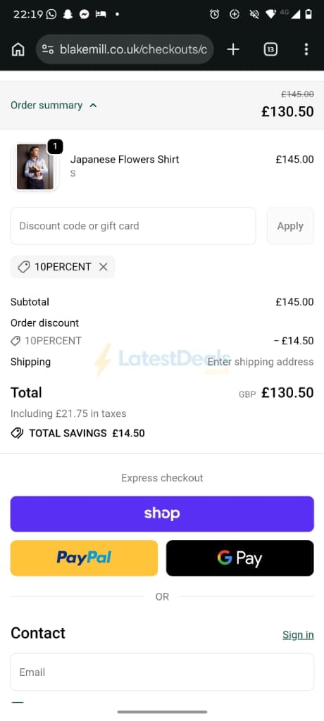 Screenshot of the Blake Mill discount code working