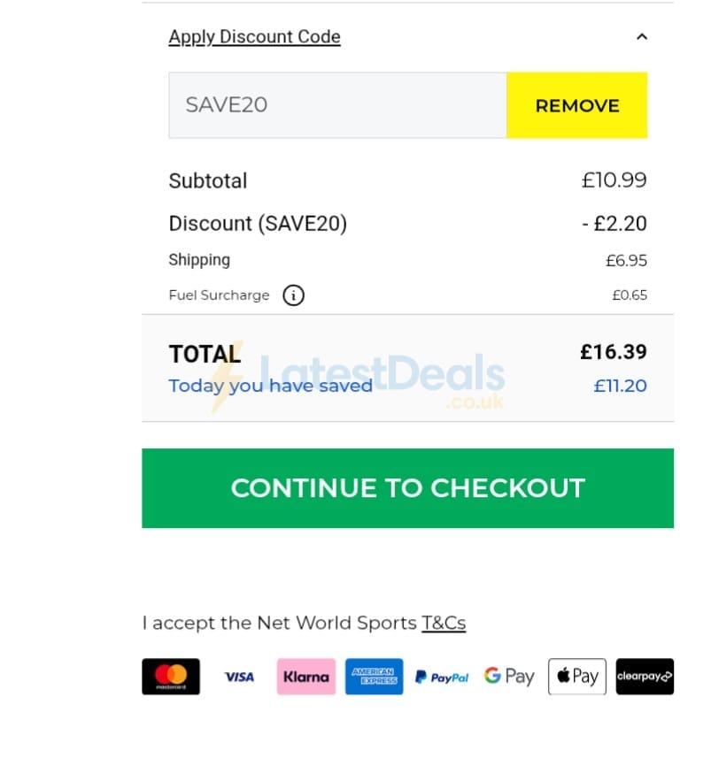 Screenshot of the Net World Sports discount code working