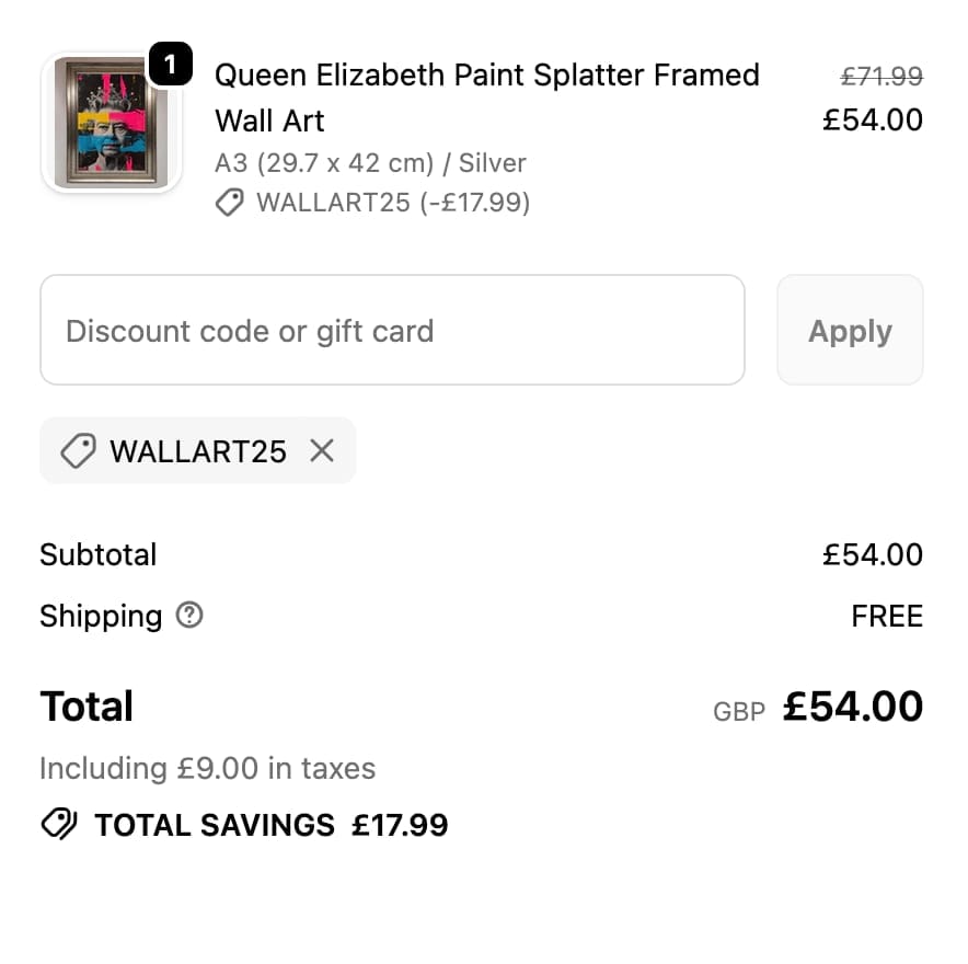 Screenshot of the Wall Art Direct discount code working