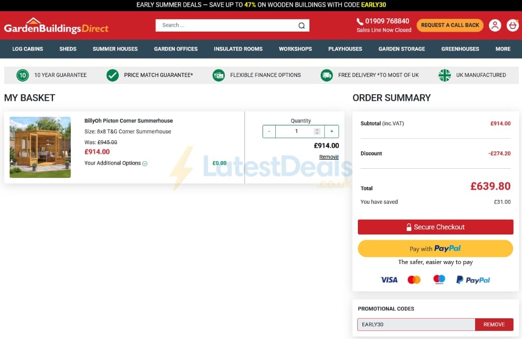 Screenshot of the Garden Buildings Direct discount code working