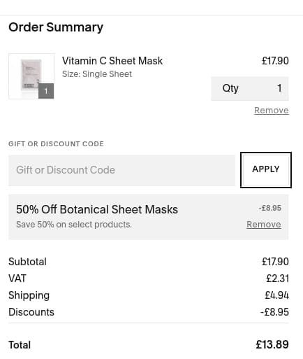 Screenshot of the Monu Shop discount code working