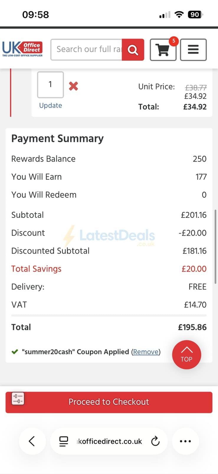 Screenshot of the UK Office Direct discount code working