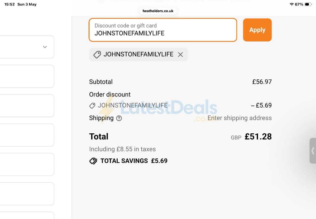Screenshot of the Heat Holders discount code working