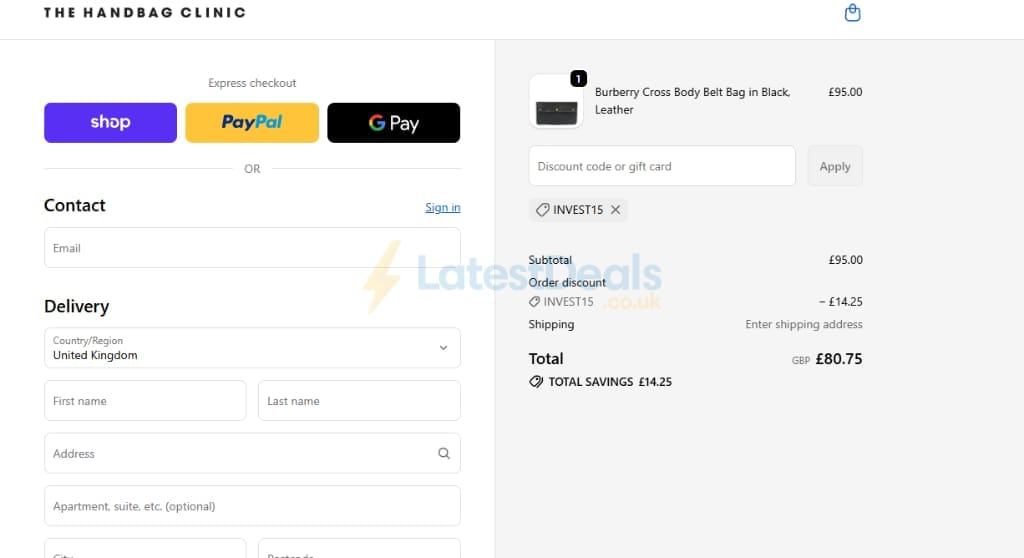 Screenshot of the Handbag Clinic discount code working