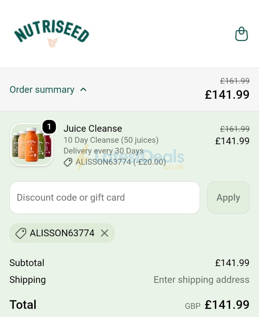 Screenshot of the Nutriseed discount code working