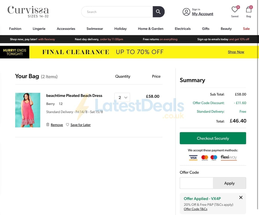 Screenshot of the Curvissa discount code working
