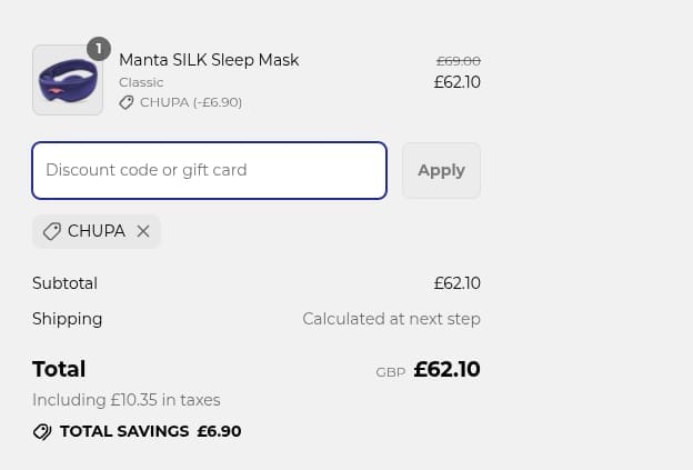 Screenshot of the Manta Sleep discount code working