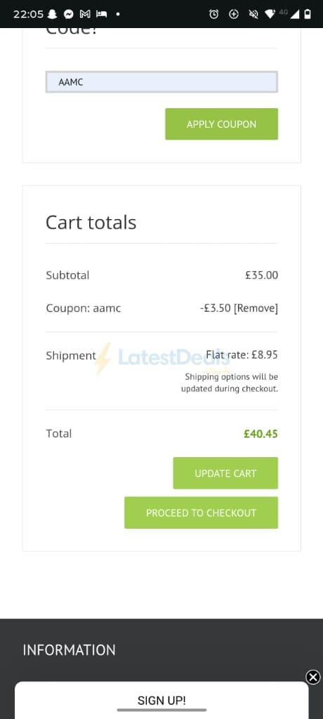 Screenshot of the SoccerLord discount code working