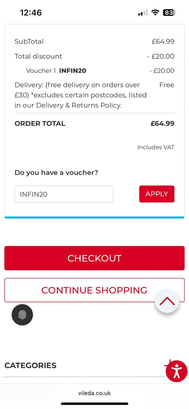 Screenshot of the Vileda discount code working