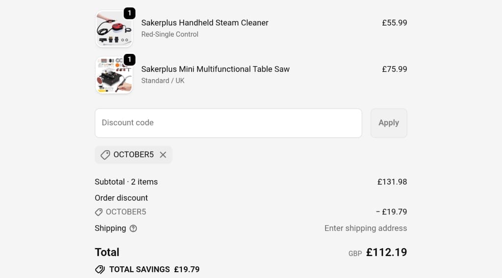 Screenshot of the SAKER discount code working