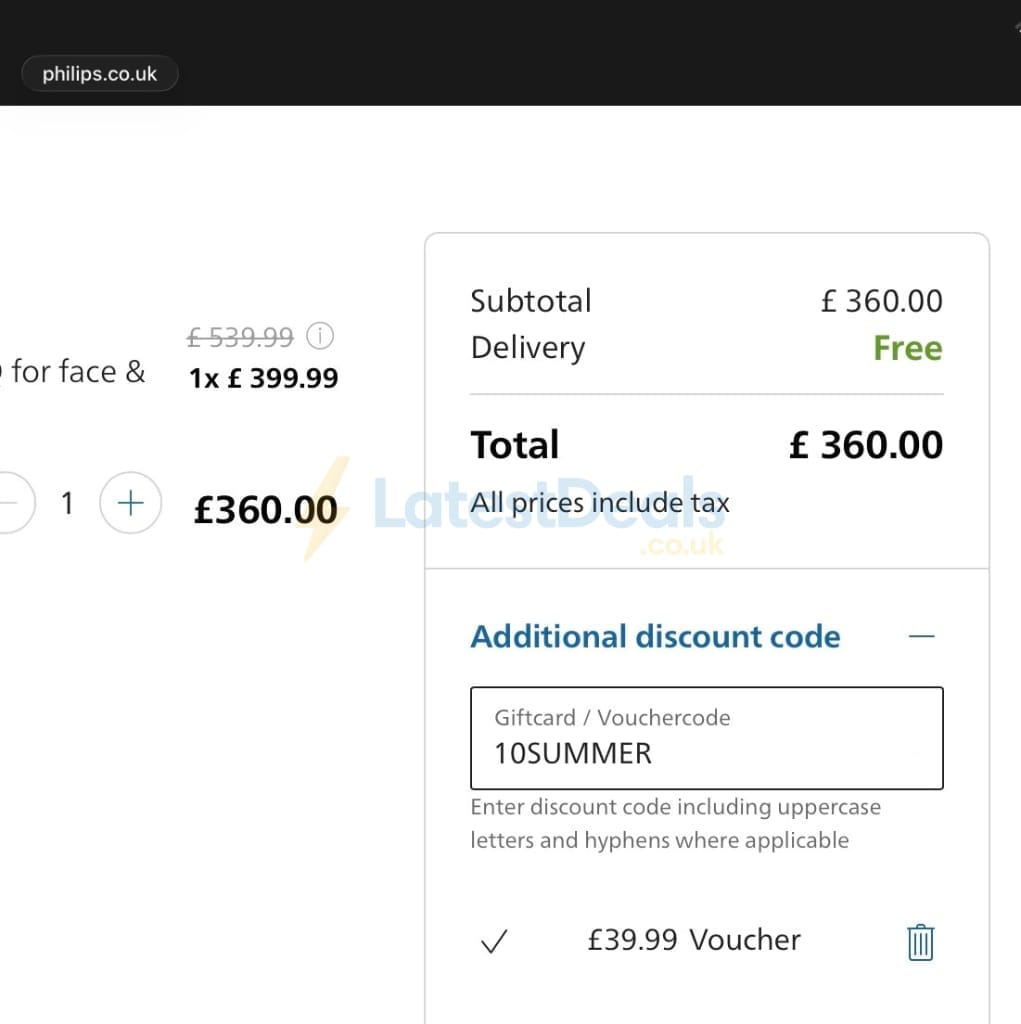 Screenshot of the Philips discount code working