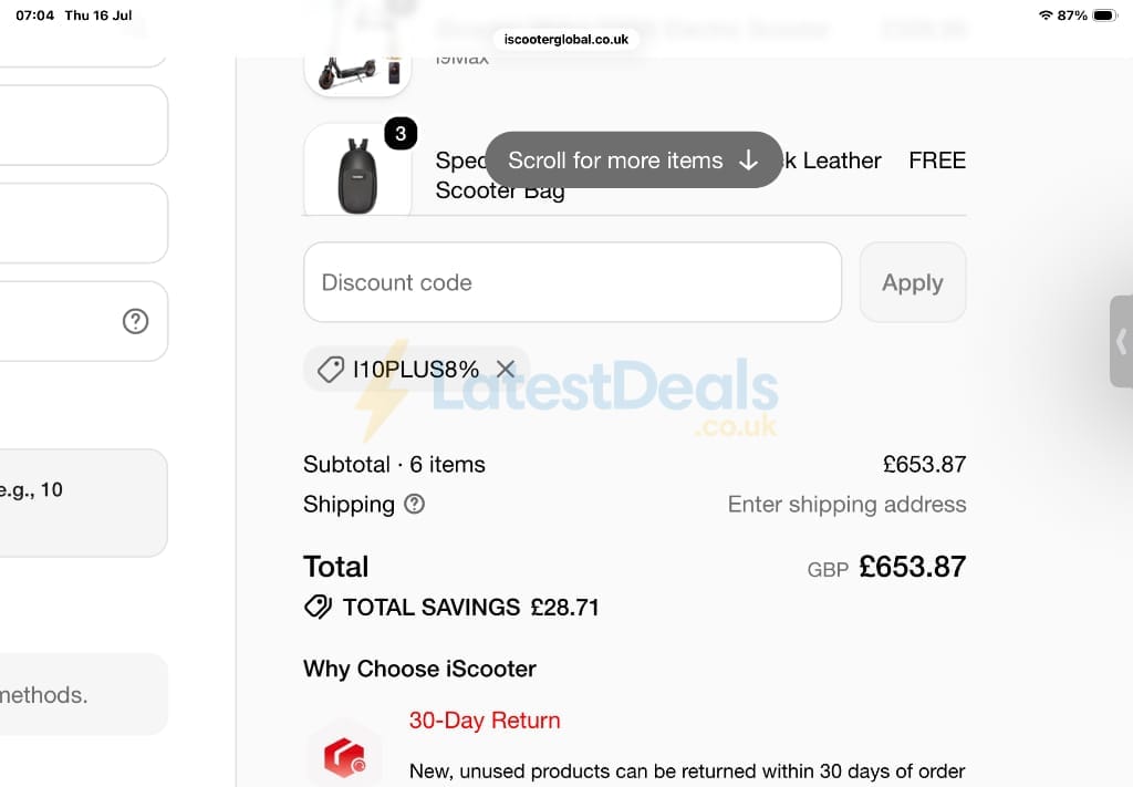 Screenshot of the iScooter discount code working
