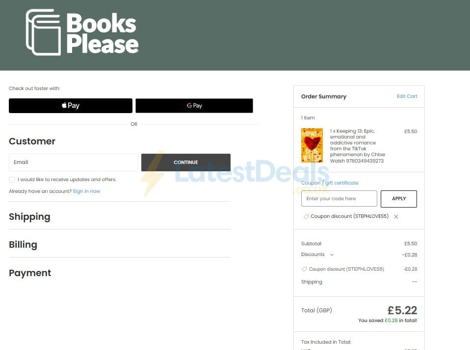 Screenshot of the Books Please discount code working