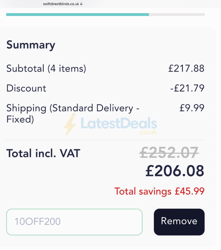 Screenshot of the Swift Direct Blinds discount code working