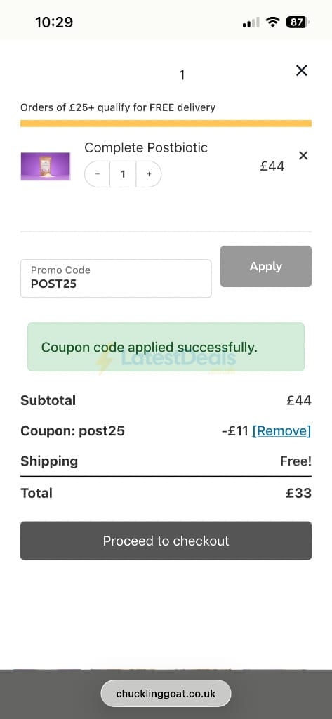 Screenshot of the Chuckling Goat discount code working