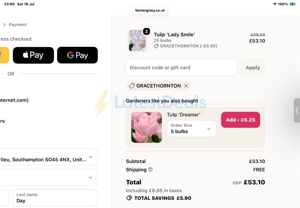 Screenshot of the Farmer Gracy discount code working