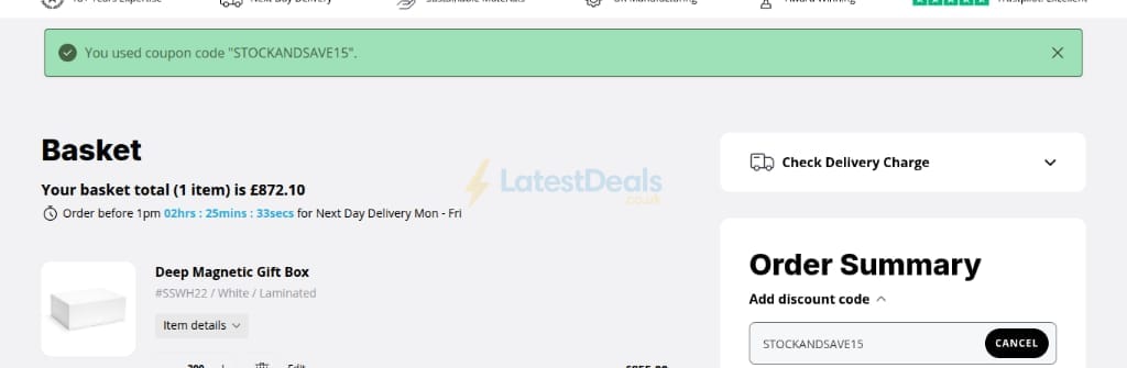 Screenshot of the Tiny Box Company discount code working