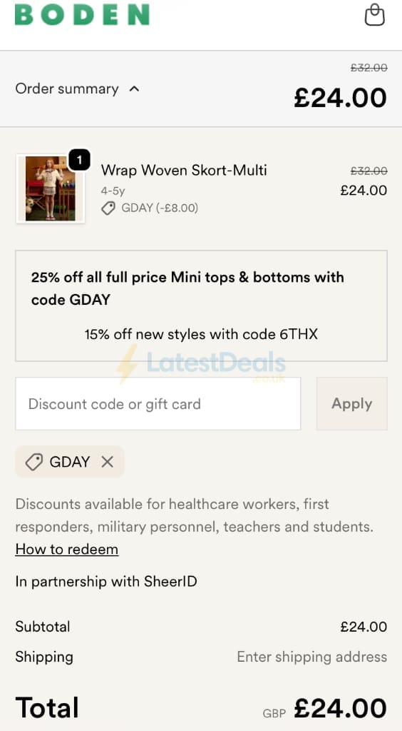 Screenshot of the BODEN discount code working