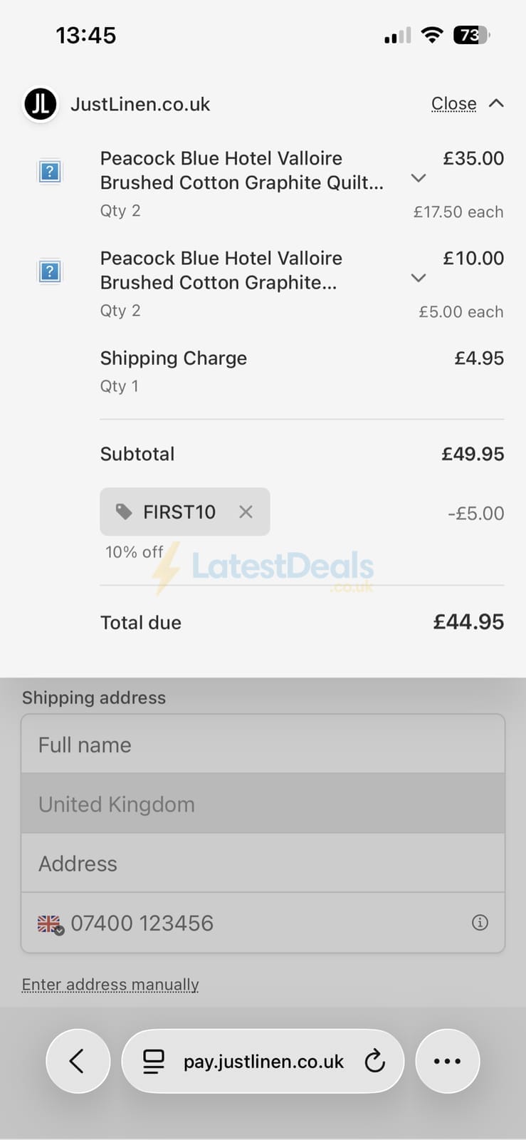 Screenshot of the Justlinen discount code working