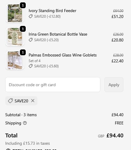 Screenshot of the Dibor discount code working