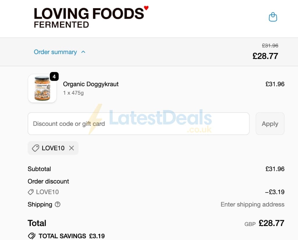 Screenshot of the Loving Foods discount code working
