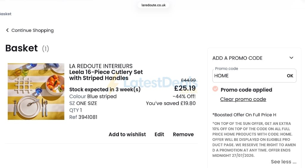 Screenshot of the La Redoute discount code working