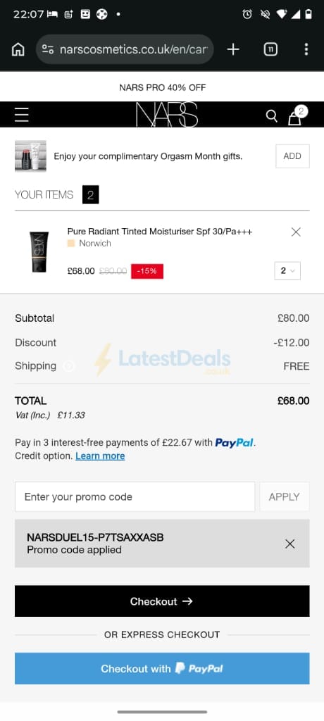 Screenshot of the NARS Cosmetics discount code working