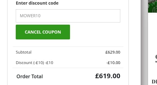Screenshot of the Just Lawnmowers discount code working