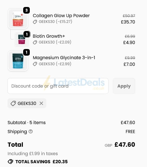 Screenshot of the Nutrition Geeks discount code working
