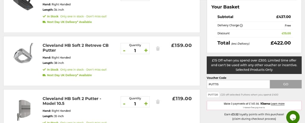 Screenshot of the The Golf Shop Online discount code working