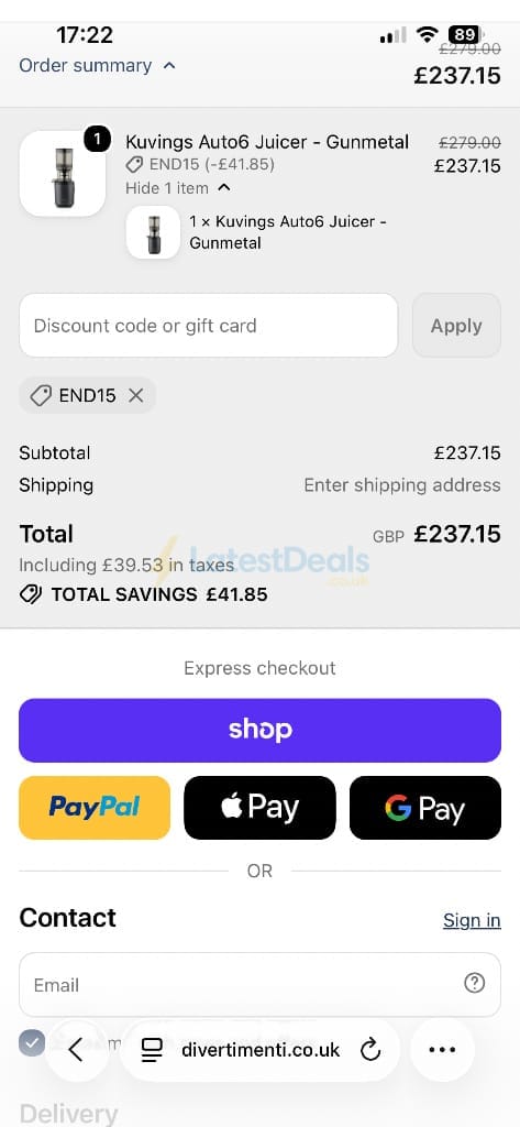 Screenshot of the Divertimenti discount code working