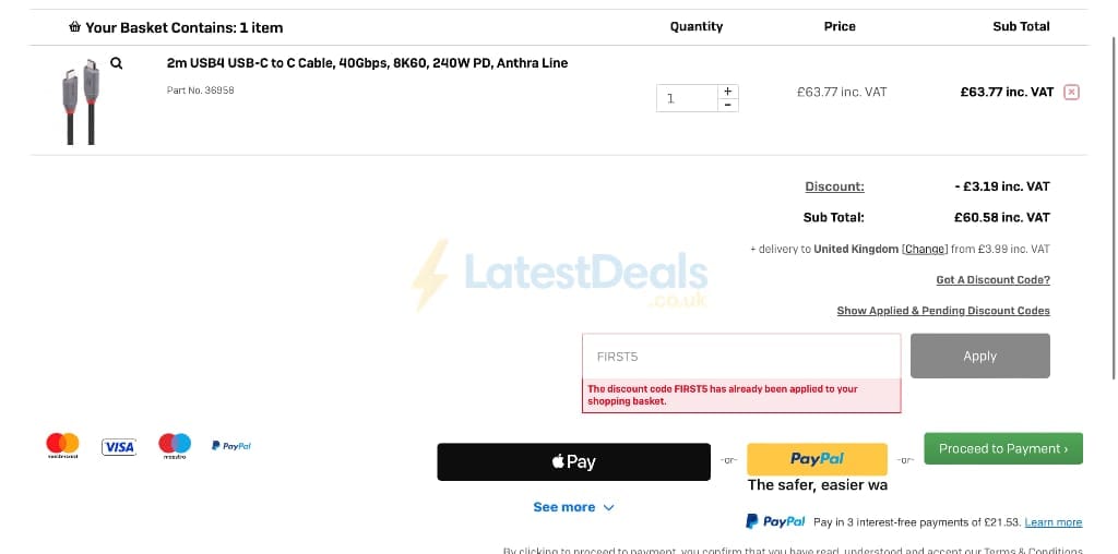 Screenshot of the Lindy Electronics discount code working