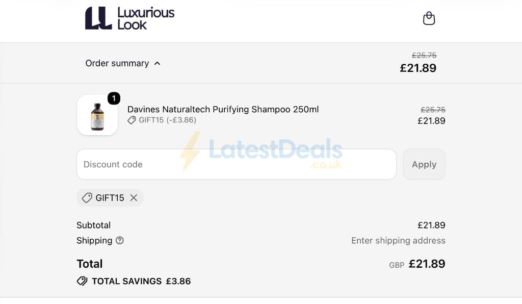 Screenshot of the LuxuriousLook discount code working