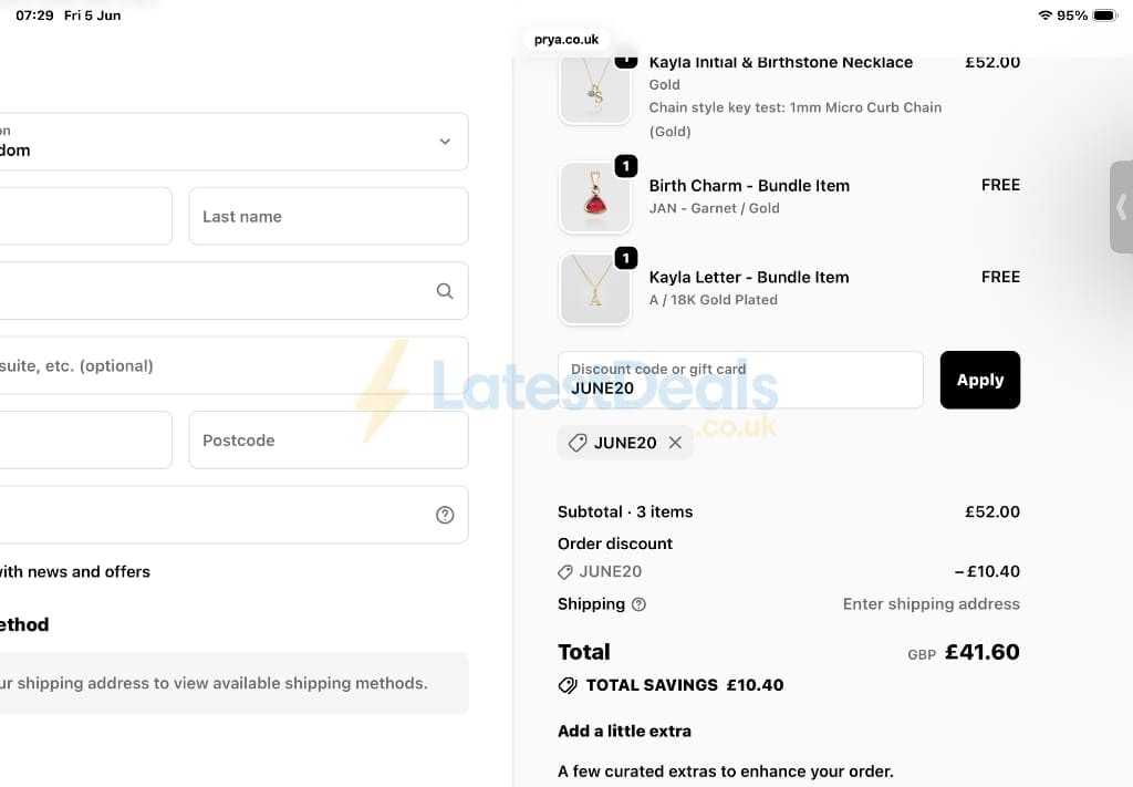 Screenshot of the Prya discount code working