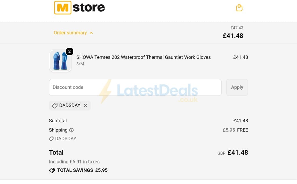Screenshot of the Mstore discount code working