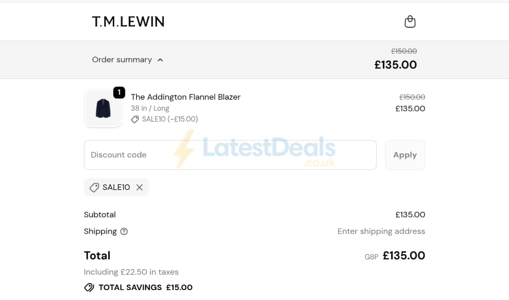 Screenshot of the TM Lewin discount code working