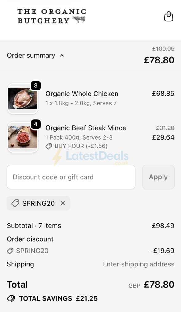 Screenshot of the The Organic Butchery discount code working