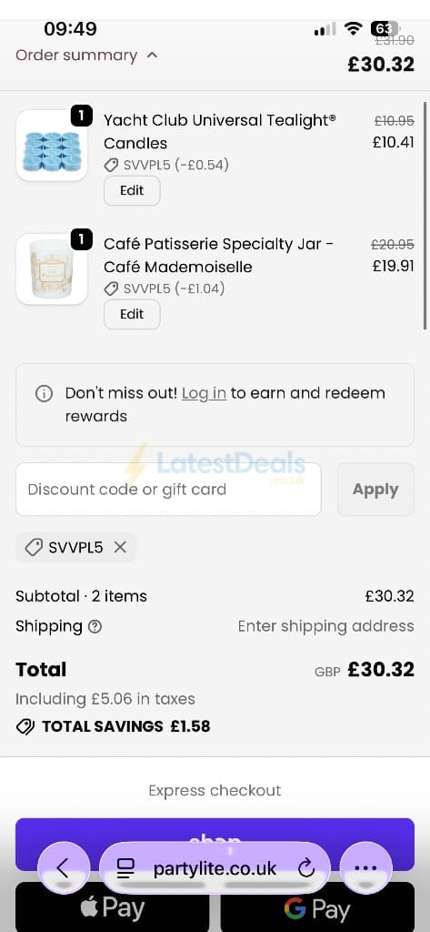 Screenshot of the PartyLite discount code working