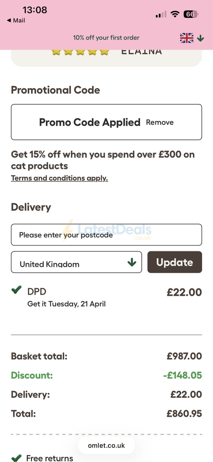 Screenshot of the Omlet discount code working