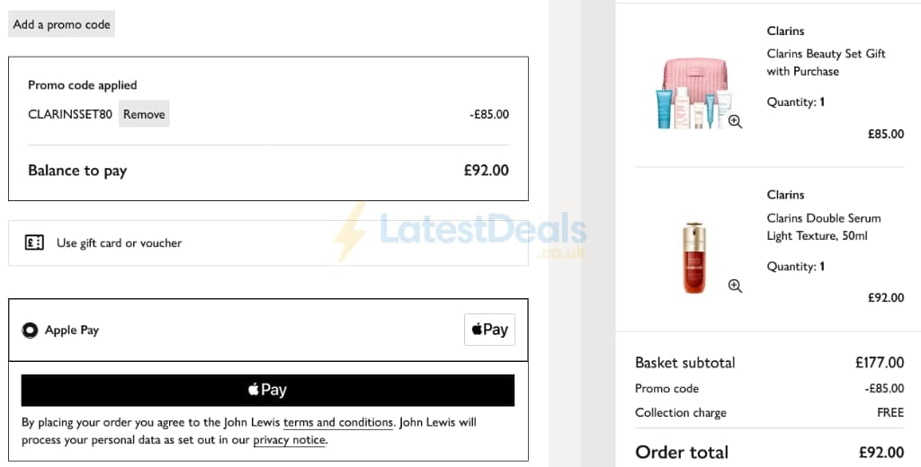 Screenshot of the John Lewis discount code working