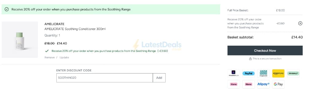 Screenshot of the Ameliorate discount code working