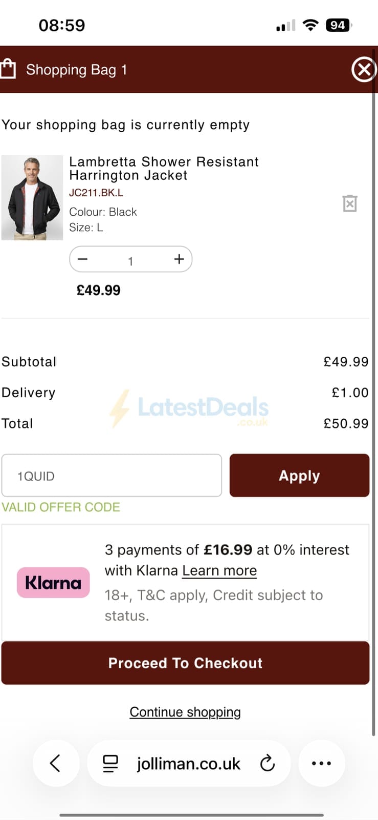 Screenshot of the Jolliman discount code working