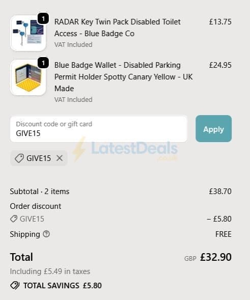 Screenshot of the Blue Badge Co discount code working