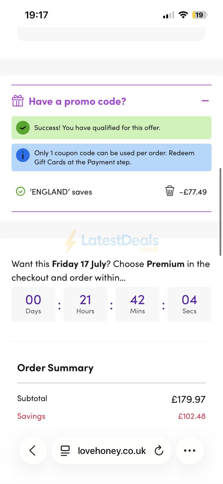 Screenshot of the Lovehoney discount code working