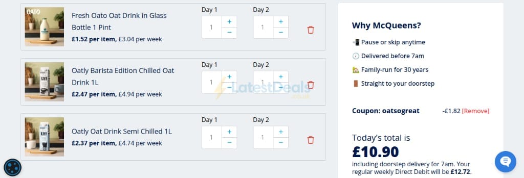 Screenshot of the McQueens Dairies discount code working