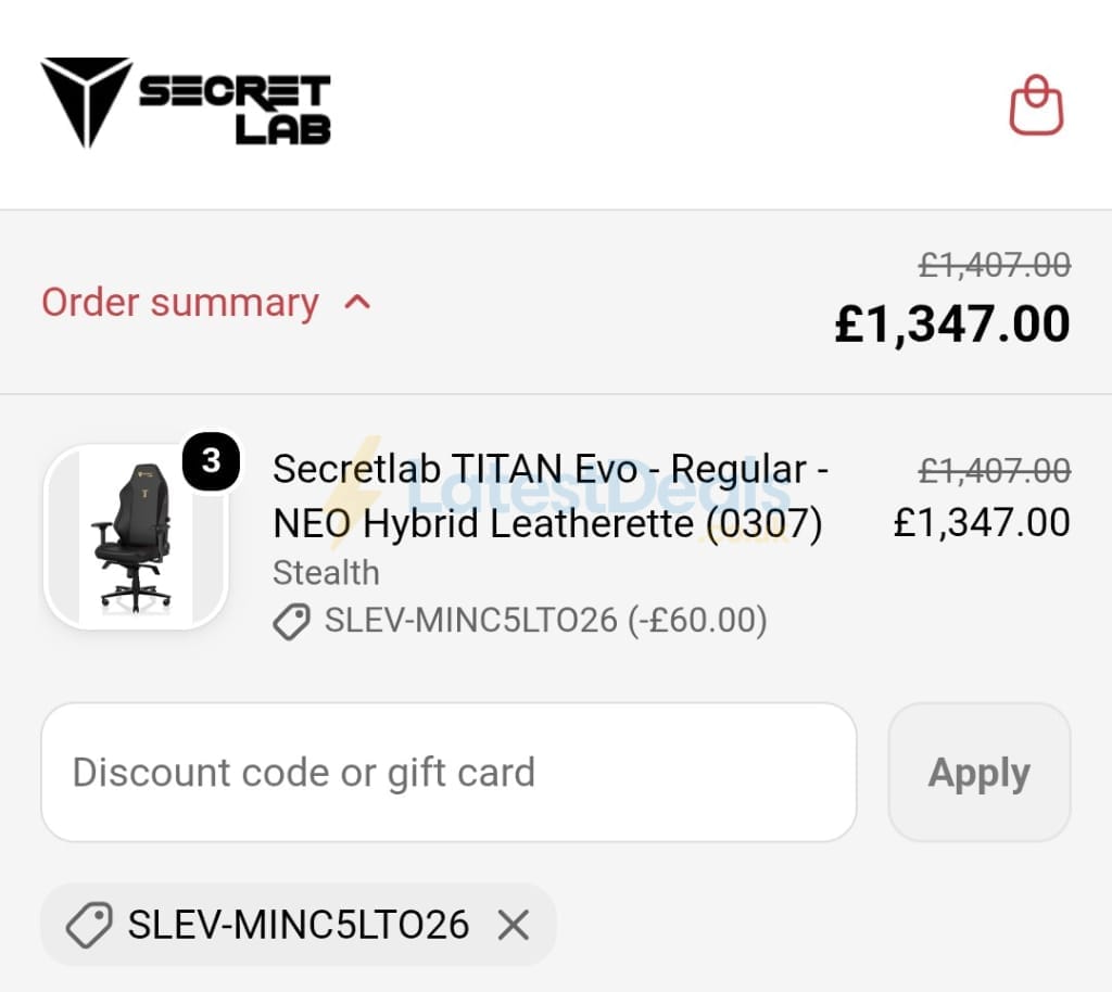 Screenshot of the Secretlab discount code working