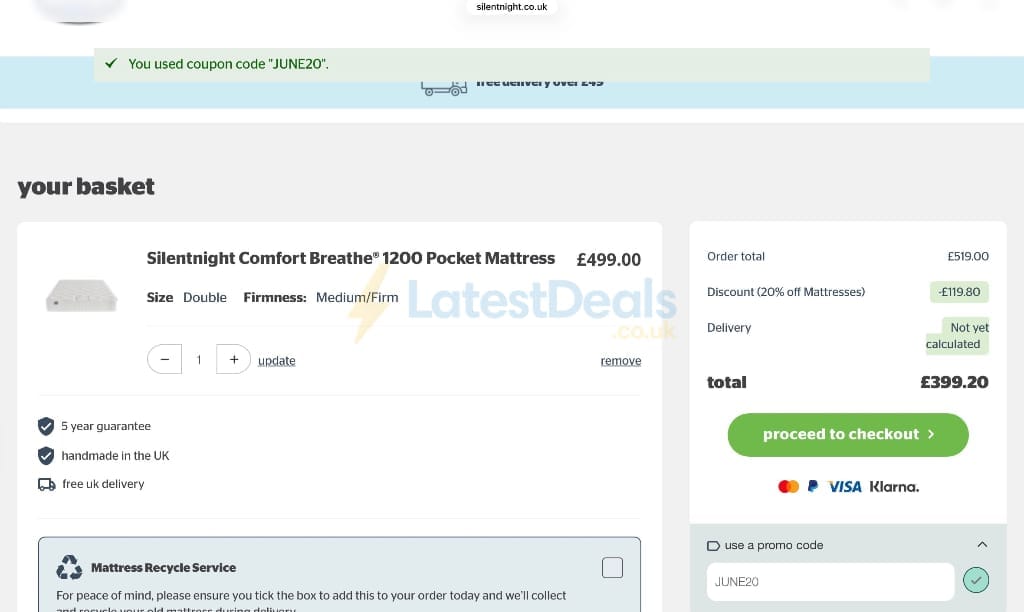 Screenshot of the Silentnight discount code working