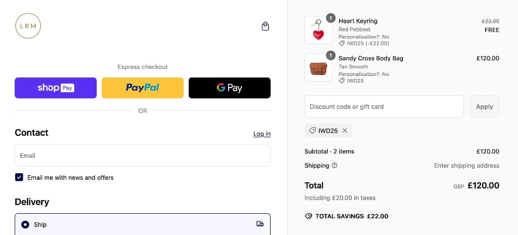 Screenshot of the LRM Goods discount code working